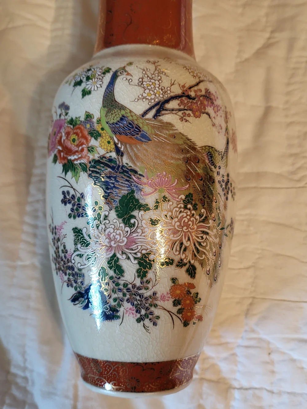 Decorative Cream and Orange Floral Peacock Ceramic Vase